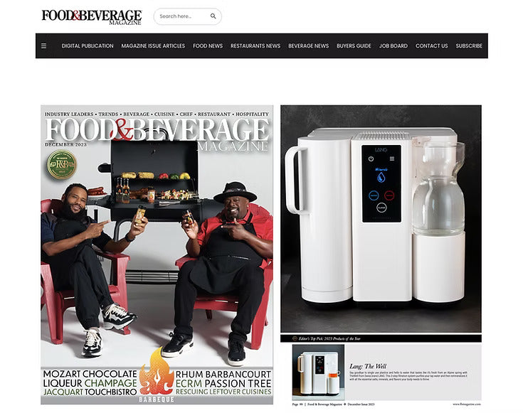 Magazine cover featuring two men with drinks and a water filtration system on the right.