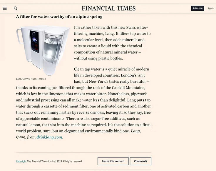 Article from Financial Times featuring a water filtering machine with text about its benefits.