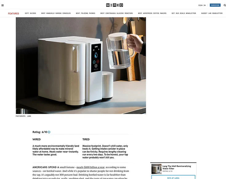 Wired water filter on a website page with a rating and reviews displayed.