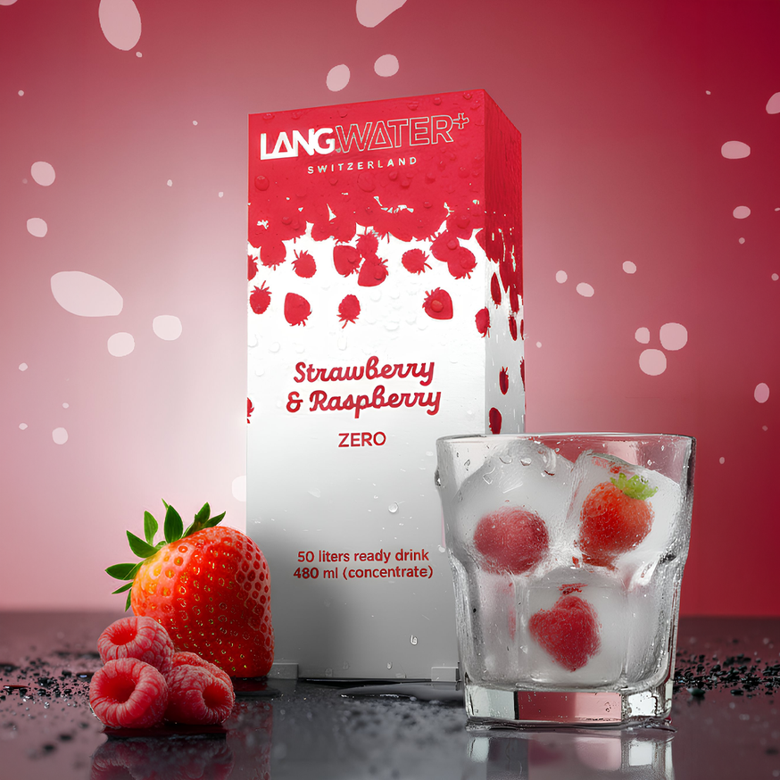 A white and red package with the words Strawberry and Raspberries Zero by Langwater Switzerland. Next to it is a glass with ice, a strawberry, and two raspberries on the right. On the left side are a strawberry and four raspberries. The background is light red.