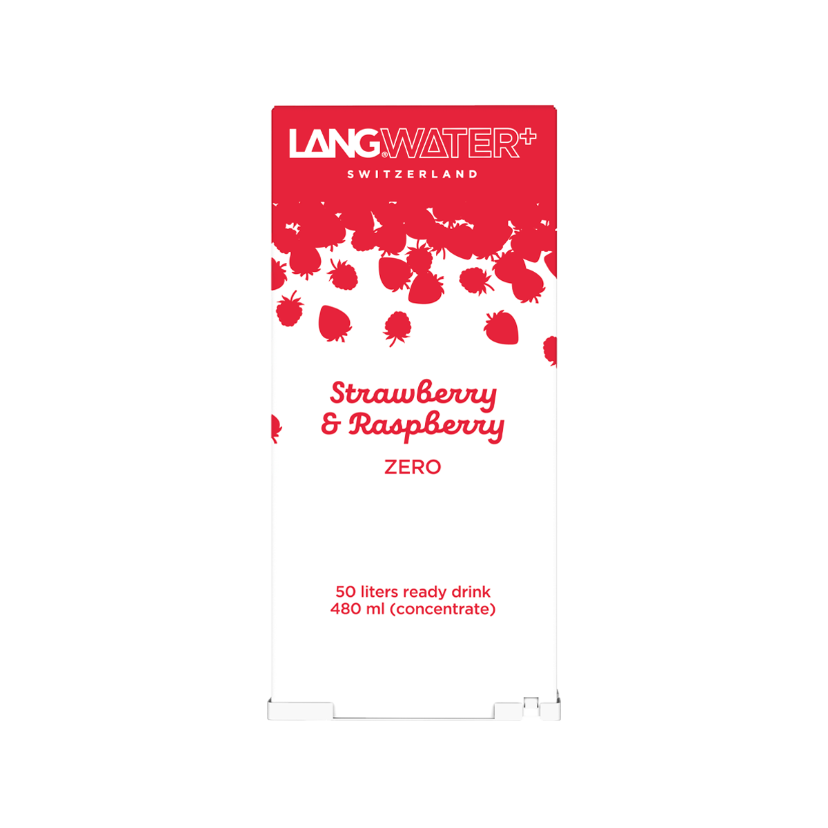 White and red flavor packaging with the words “Strawberry and Raspberries Zero” by Langwater Switzerland on a dark gray background.