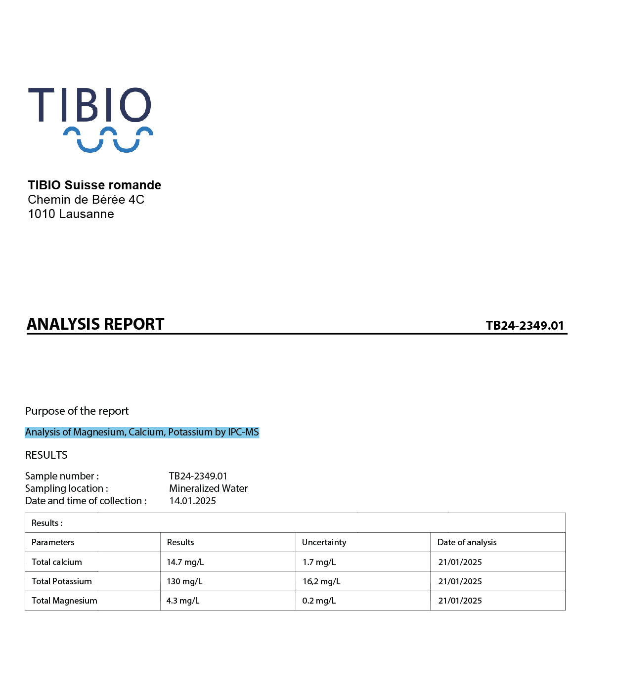 Water analysis from laboratory